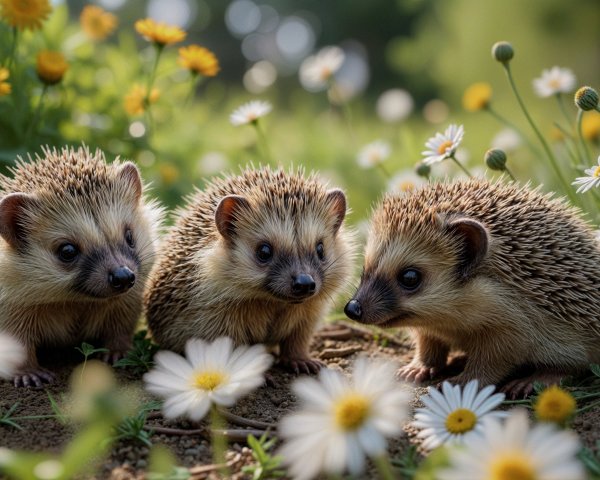 Hedgehogs Among Vibrant Daisies and Wildflowers