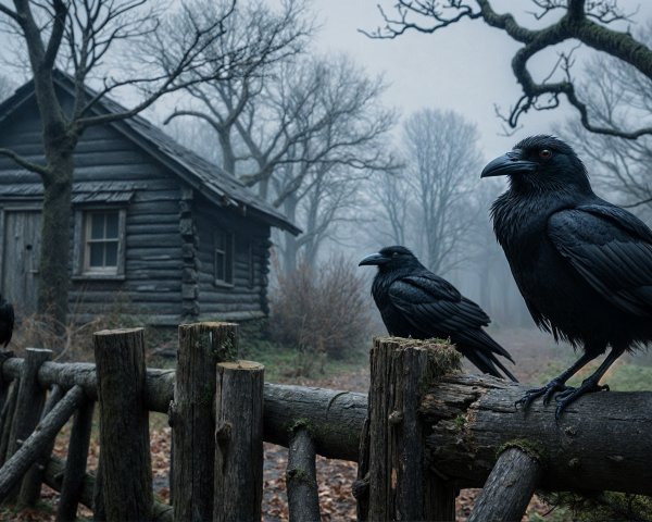Three Ravens on a Fence in a Foggy Landscape