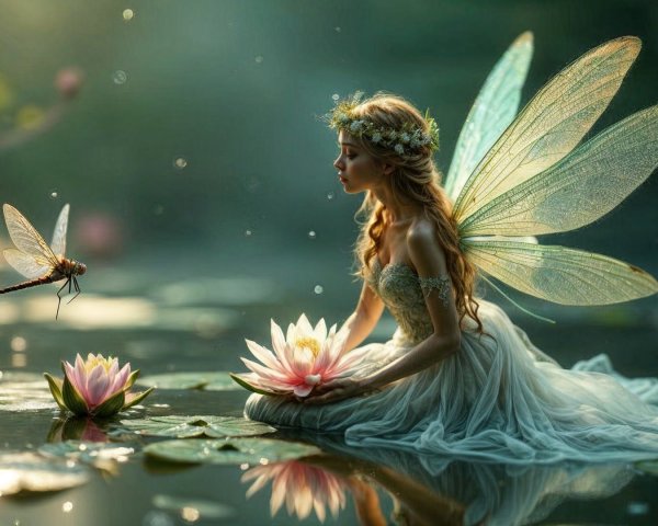 Fairy on Lily Pad in Enchanted Pond Setting