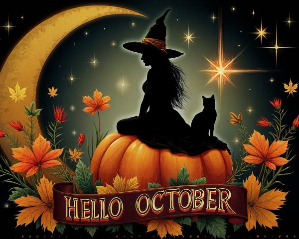 Whimsical Witch Silhouette on Pumpkin with Autumn Scene