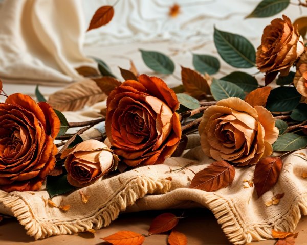 Elegant Rust-Colored Roses on Cream Blanket Display