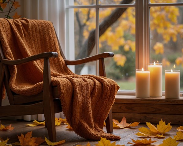 Cozy Autumn Scene with Chair and Candles by Window