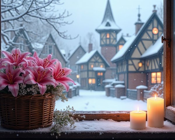 Cozy Winter Village Scene with Snow and Candles