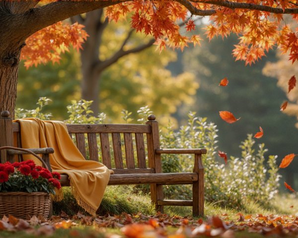Rustic Bench Under Vibrant Autumn Tree and Leaves