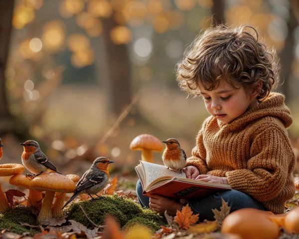 Child Reading in Autumn Forest with Vibrant Mushrooms