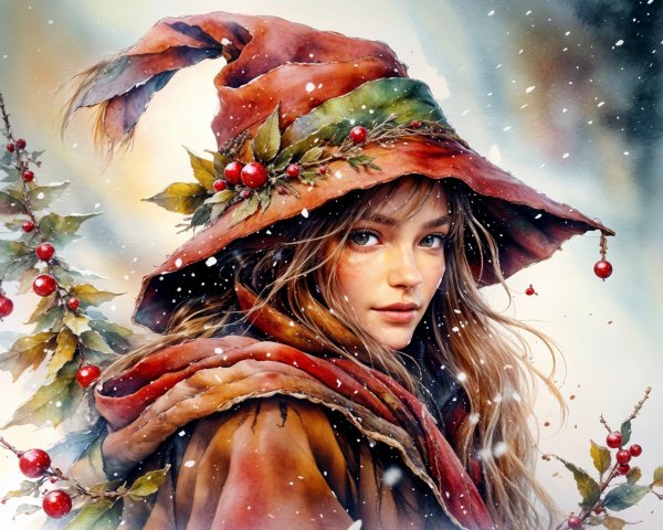 Young woman in colorful wizard hat in snowy landscape