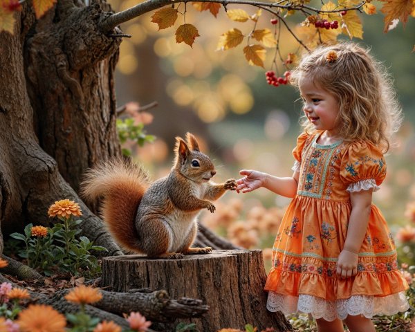 Young girl in orange dress with squirrel in meadow