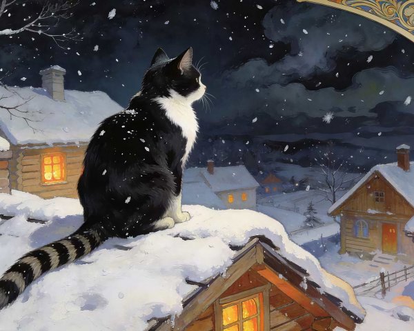Black and white cat on snowy roof in village night scene