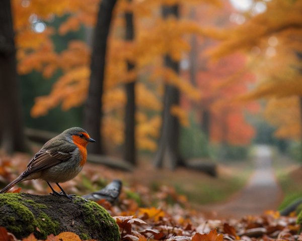 Small bird with orange chest in autumn forest scene