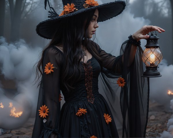 Young woman in dark gown with lantern in misty forest