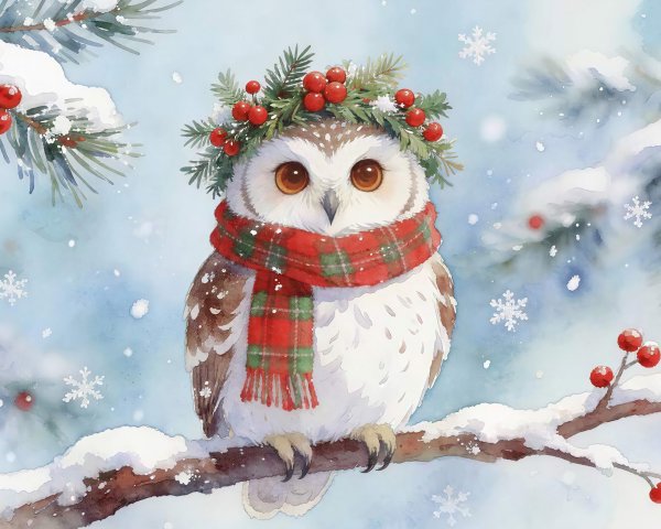 Watercolor of Spotted Owl with Christmas Decor