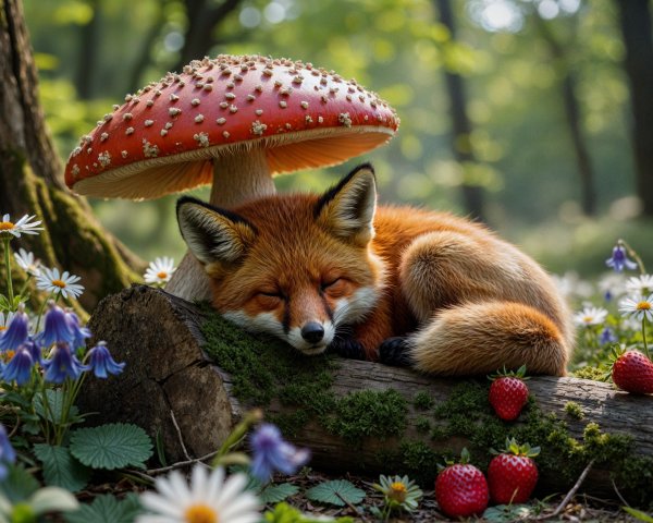 Sleeping Red Fox Under Toadstool in Vibrant Forest