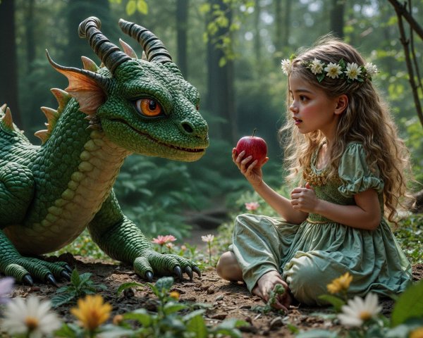 Magical forest scene with girl and friendly dragon