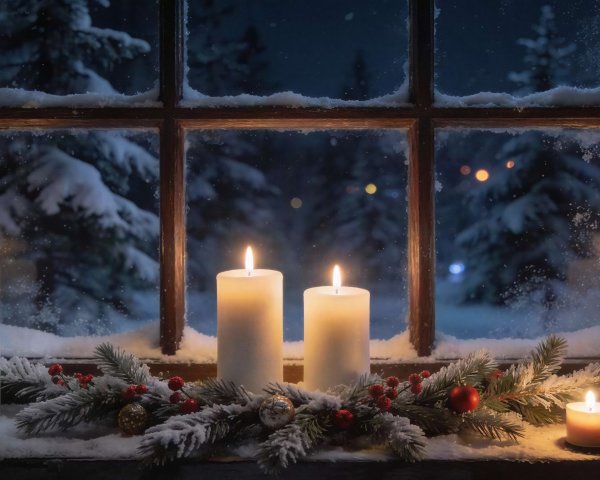Nighttime Window View with Snow and Candlelight