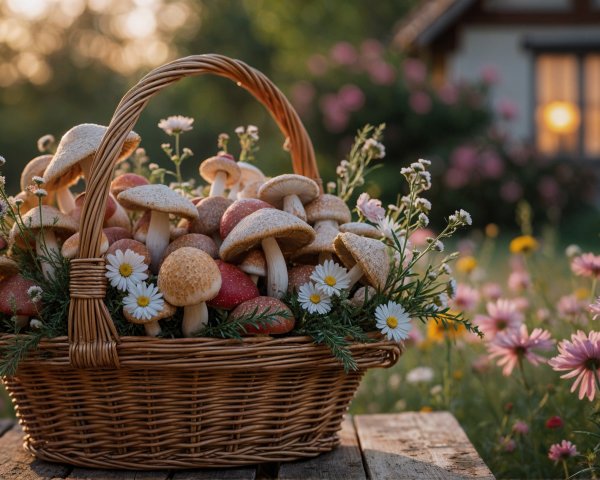 Woven Basket of Colorful Mushrooms and Wildflowers