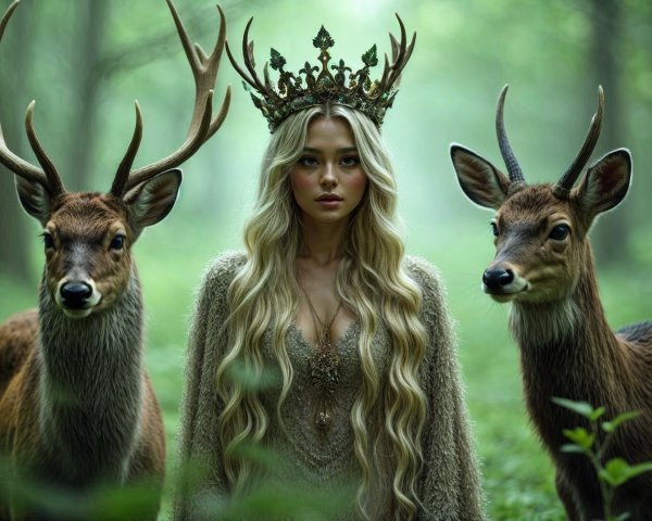 Regal figure with deer in a mystical forest setting
