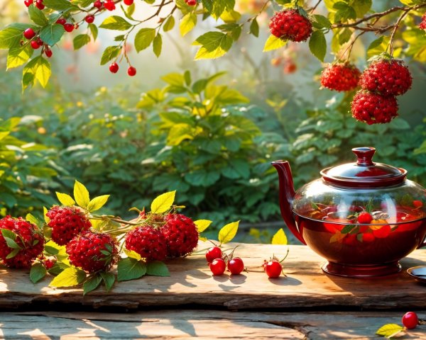 Vibrant Red Glass Tea Set on Rustic Wooden Table
