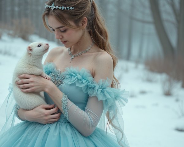Young woman in blue gown with ferret in snowy forest