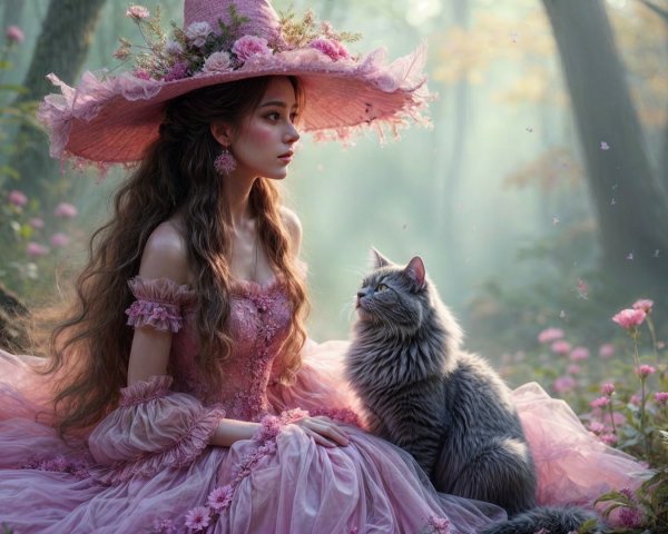 Young Woman in Pink Gown in Enchanted Forest Scene