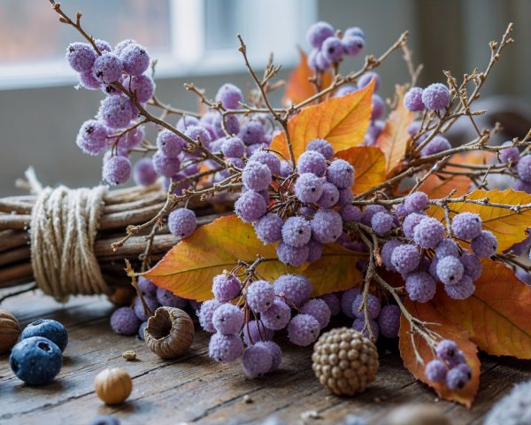 Frosted Purple Berries and Autumn Leaves Arrangement