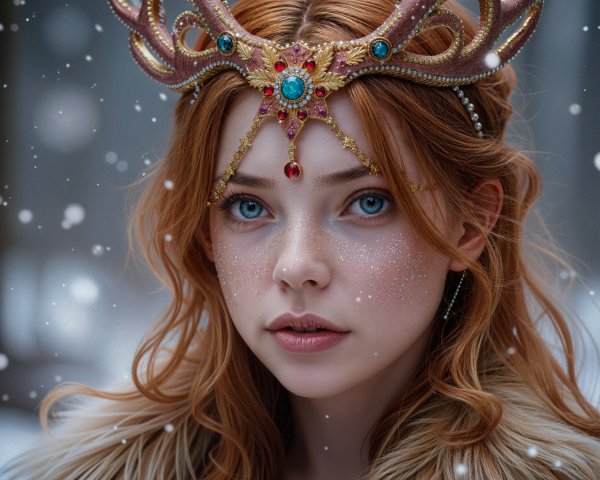 Young Woman with Blue Eyes in Golden Crown and Snow