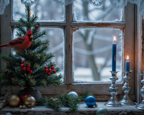 Cozy Winter Scene with Christmas Tree and Cardinal
