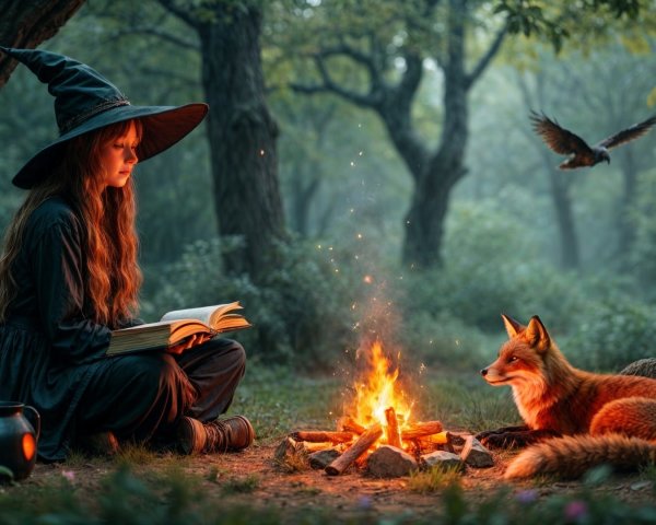 Young witch reading by campfire in serene woodland