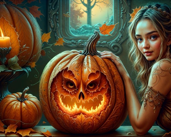 Mystical Autumn Scene with Pumpkins and Candlelight