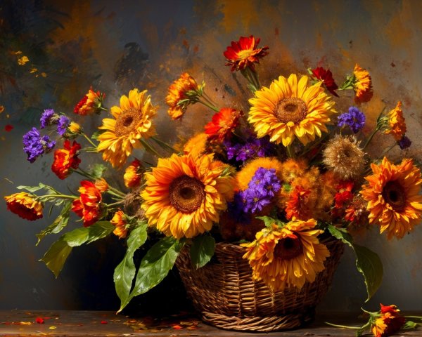 Vibrant Floral Arrangement in Woven Basket Display