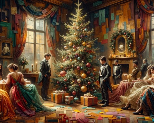Festive Holiday Gathering with Christmas Tree and Guests