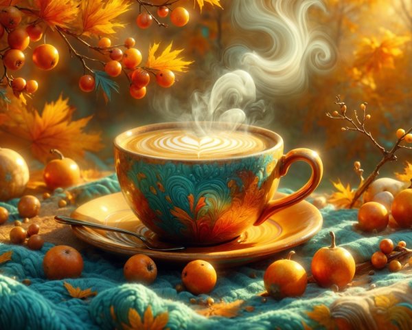 Cozy Autumn Scene with Coffee and Decorative Elements