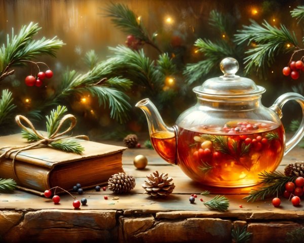 Cozy Winter Scene with Teapot and Festive Decor