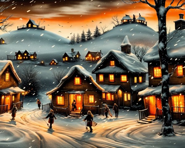 Cozy Winter Village Scene with Snow and Sunset