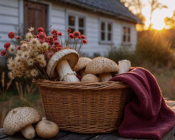 Rustic Basket of Mushrooms with Cottage and Sunset