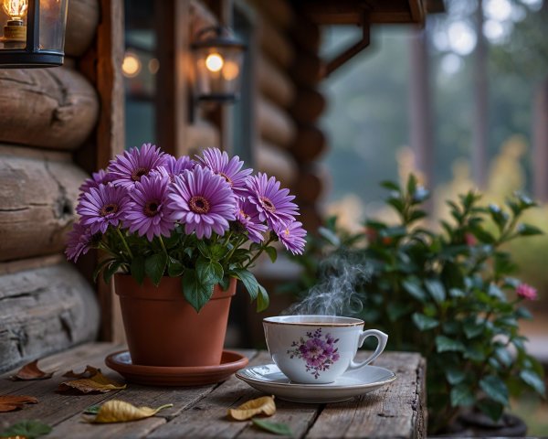 Rustic Outdoor Table with Tea and Purple Daisies