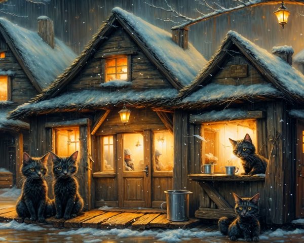 Cozy Snow-Covered Village with Playful Cats and Lanterns