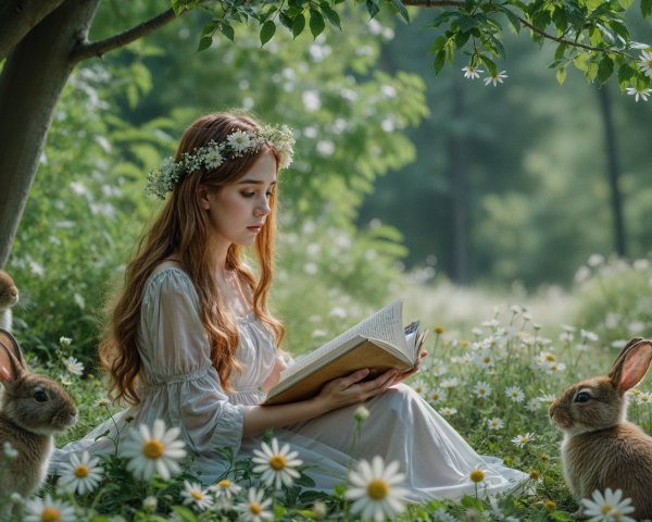 Serene Meadow Scene with Woman and Playful Rabbits