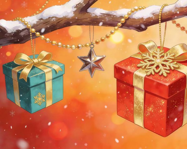 Christmas Gifts on Snowy Tree Branch with Lights