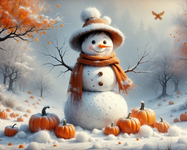 Cheerful snowman in winter landscape with pumpkins