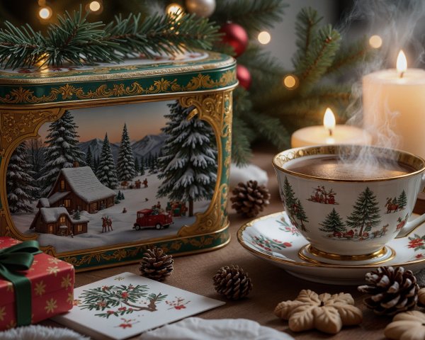 Cozy Christmas Scene with Decorated Cabin and Tea Cup