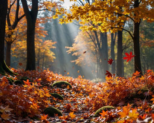 Serene forest scene with vibrant autumn foliage