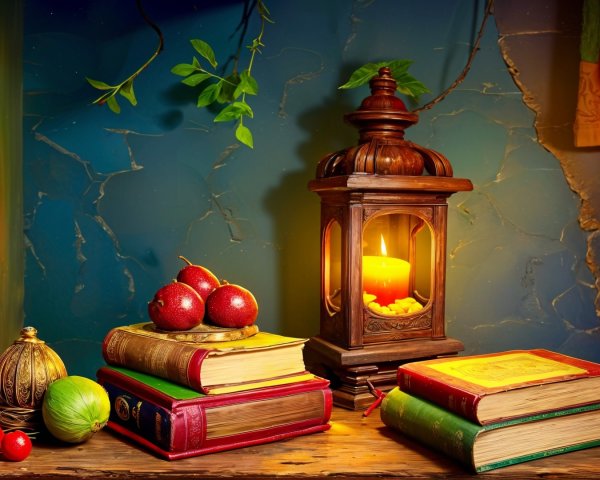 Cozy Antique Books and Lantern with Apples and Cabbage