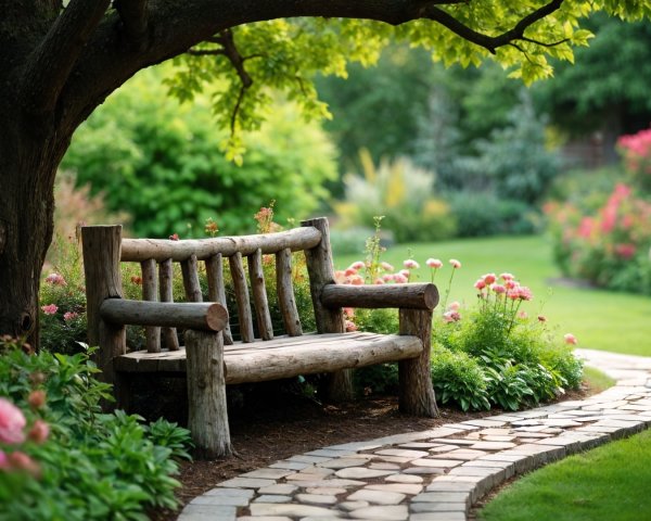 Charming Garden Scene with Rustic Bench and Flowers