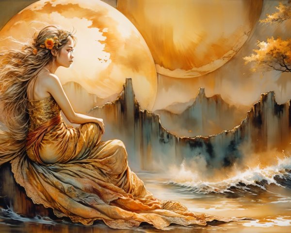 Serene Figure by Shore in Golden Dress with Celestial Bodies