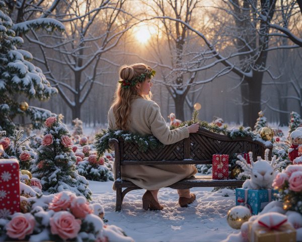 Winter Scene with Woman, Snowy Trees, and Gifts