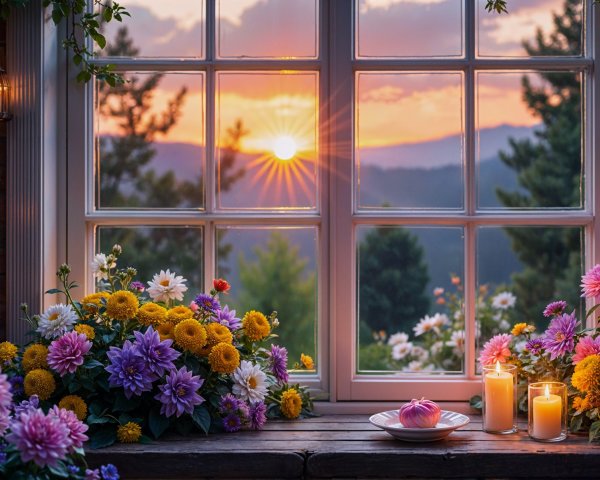 Sunset Window Scene with Flowers and Candlelight