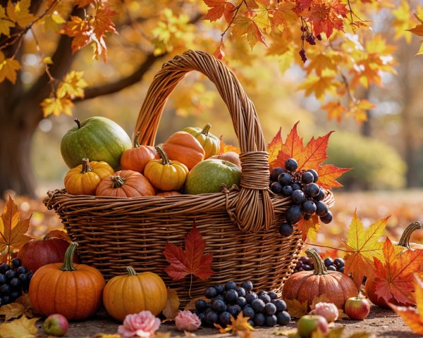 Woven Basket with Pumpkins in Autumn Setting