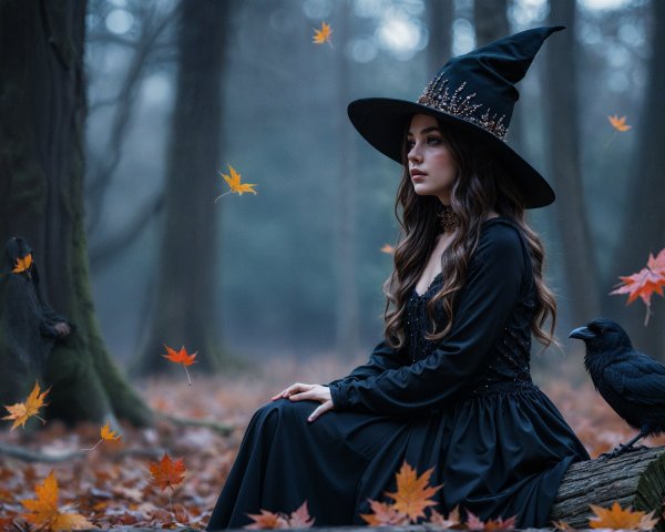 Young Woman in Black Gown in Enchanted Forest Setting