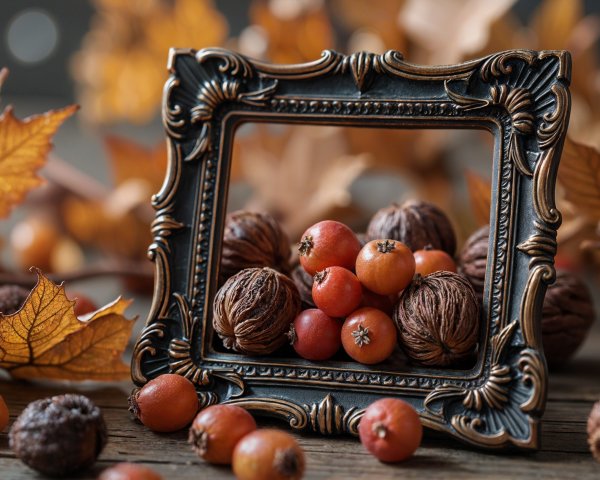 Vintage Frame with Autumn Leaves and Natural Elements