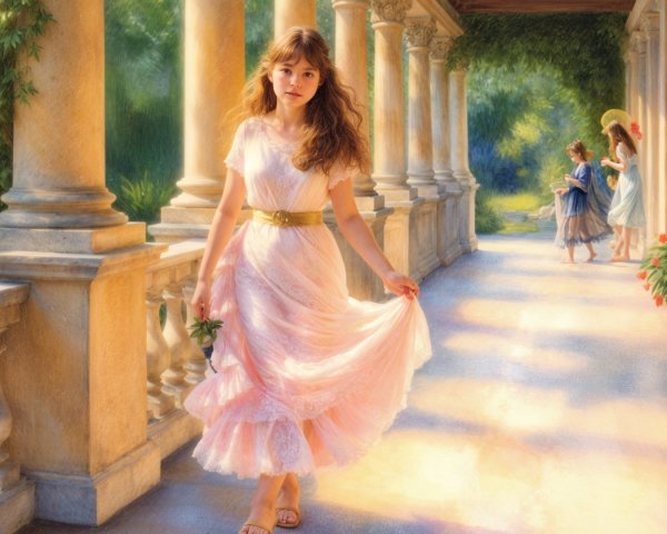 Young Woman in Pink Dress in Serene Outdoor Setting